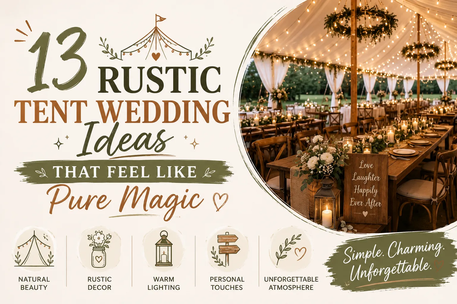 Elegant rustic wedding under a tent decorated with warm string lights, wooden tables with floral centerpieces, candles, and personalized touches, highlighting natural beauty, rustic décor, warm lighting, and an unforgettable atmosphere.