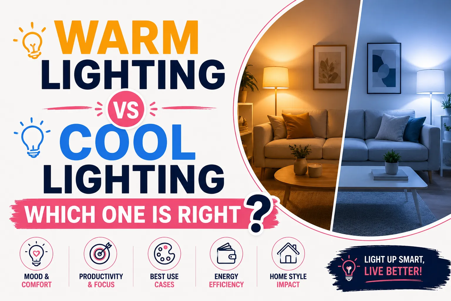 Split comparison image showing warm lighting and cool lighting in a living room setting, highlighting mood, comfort, and home ambience differences.
